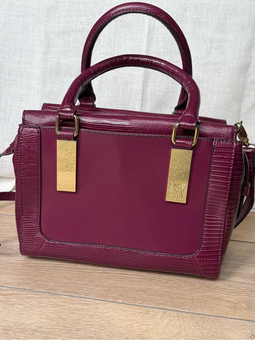Anne Klein Plum Satchel Purse Embossed Top Handle Crossbody NWOT